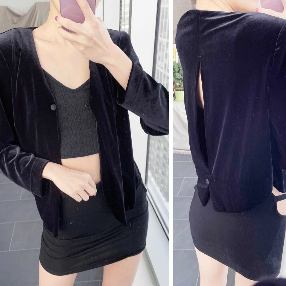 Vintage open back velour jacket / 80s 90s Asymmetric velvet jacket / Size medium